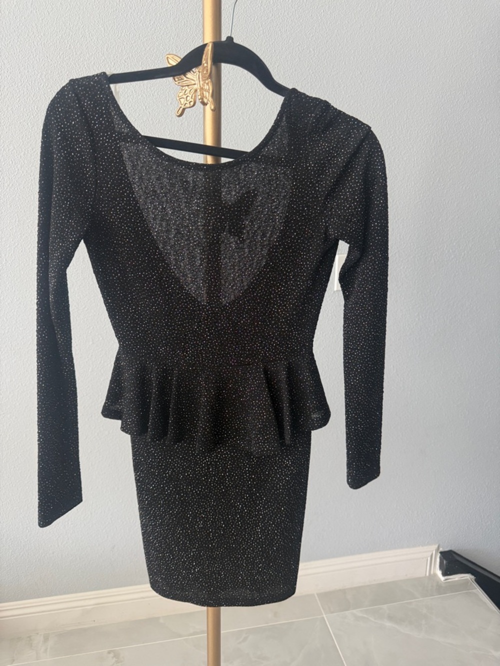 Black Sparkle Long-Sleeve Peplum Cocktail Dress